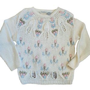 Vintage 80s Handknit White Pulliver Sweater Textured‎ Pastel Sz M/L Cottage Core